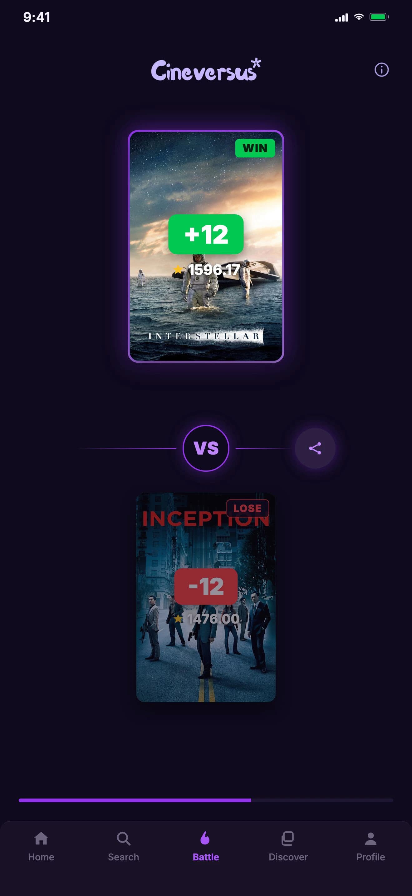 CineVersus battle ekranı: Interstellar, Inception'a karşı